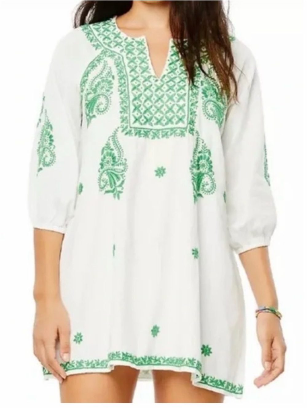 Roller Rabbit White Grace Tunic Dress with Green Embroidery